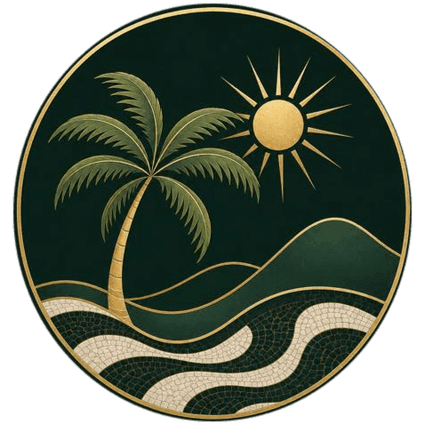 El emblema Meridiano: una palmera, un sol, un horizonte y el océano.