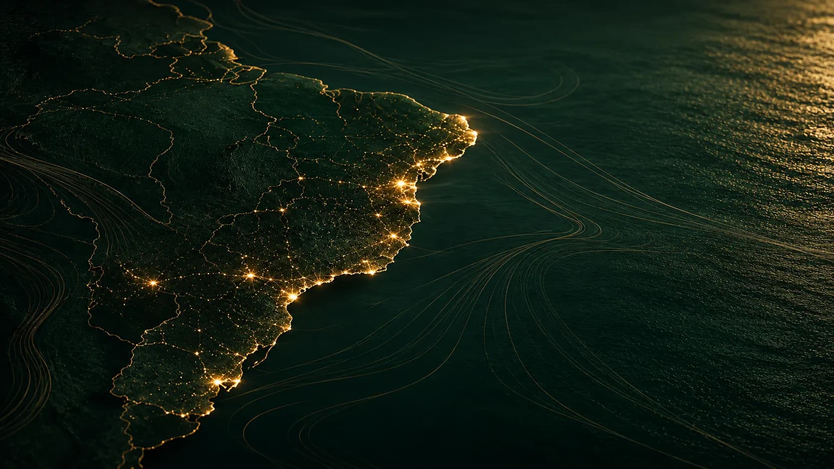 Brasil visto desde arriba de noche, con sus ciudades y su costa trazadas en luz dorada.